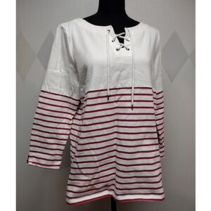 Talbot's Factory red white striped nautical inspired lace neck long sleeve shirt